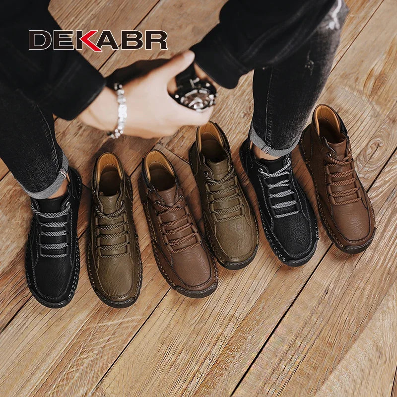 DEKABR PU Leather Men Boots Winter Warm Outdoor Comfortable Boots Handmade Ankle Boots Business Boots Big Size 38-48