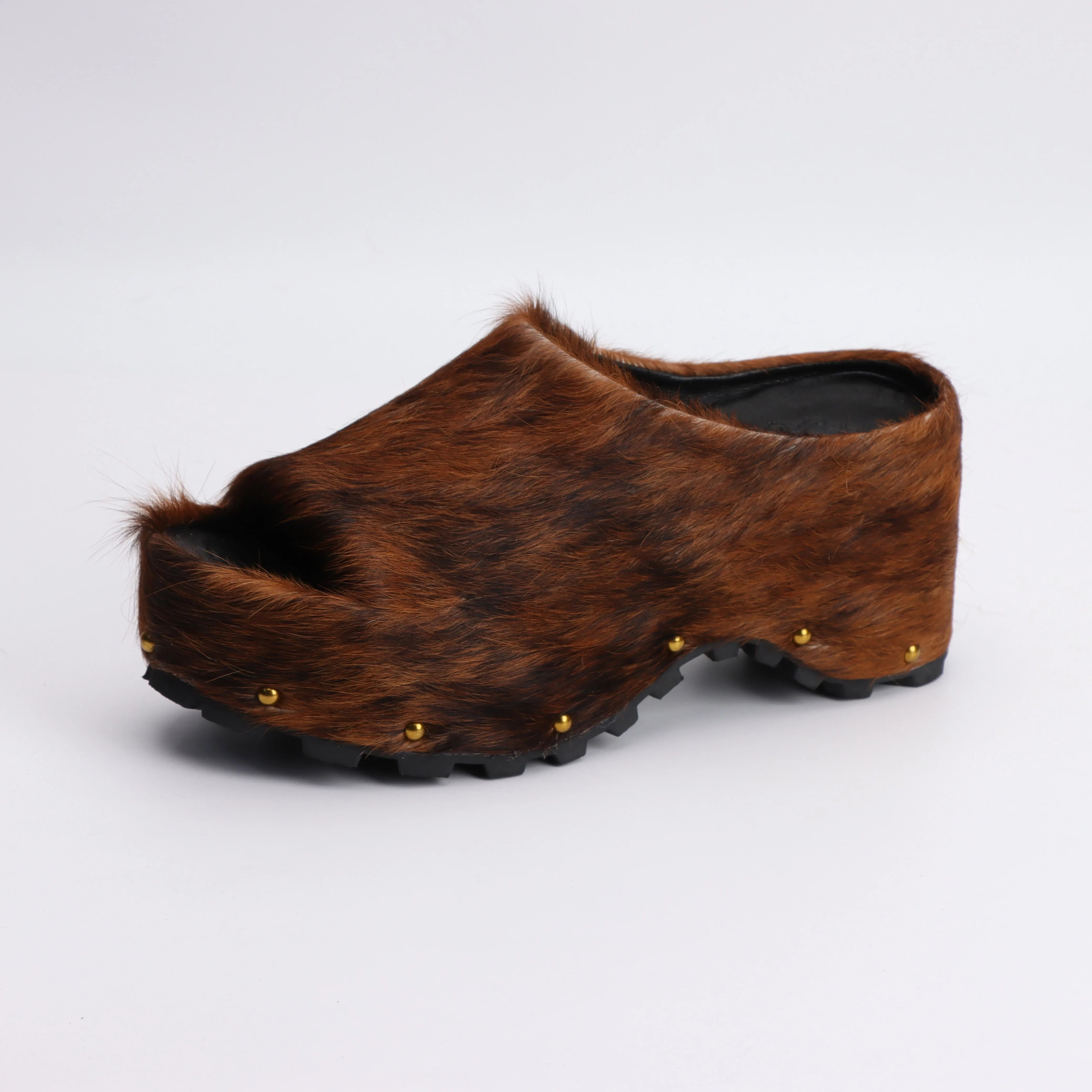 Summer Fashion Comfort Shoes 2025 Women Real Calf Hair Leather Designer Luxury Platform Mules Lined Slip On Clogs Slides Sandals