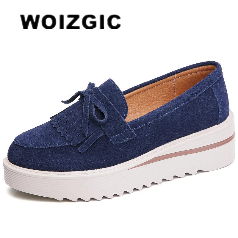 WOIZGIC Women Female Ladies Mother Cow Suede Leather Shoes Platform Flats Fringe Non Slip On Autumn Nowknot Vulcanized Shoes