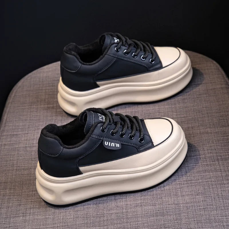 Fujin 8cm Cow Genuine Leather Comfy Breathable Skate Board Platform Wedge Sneakers Vulcanized Chunky Hidden Heel Block Shoes