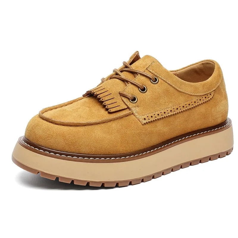 Men's Casual Oxford Shoes Leather Yellow Round Toe Business Platform Shoes Lace-up Tassels Shoe Comfortable Breathable Shoes