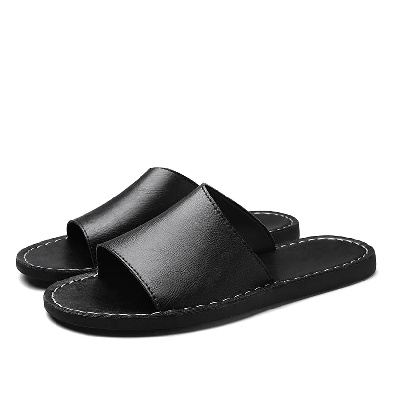 STRONGSHEN Summer Men Genuine Leather Slippers Designer Casual Slides Outdoor Beach Shoes Breathable Anti Slip Soft Sole Sandals