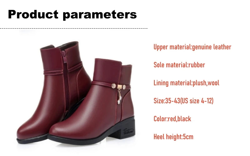 WOIZGIC Women's Mother Female Genuien Leather Shoes Ankle Boots Winter Fur Plush Wool Warm Zipper