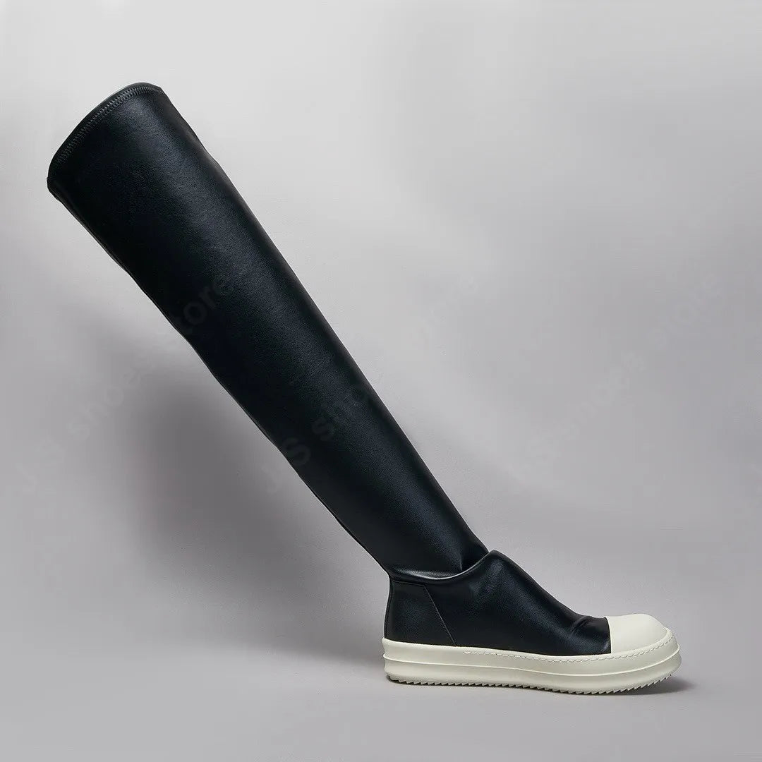 R-o Women Sneakers Cowhide Over the Knee Stretch Boots Men Black Leather Shoes Casual Shoe Footwear Winter Knee High Ankle Boot