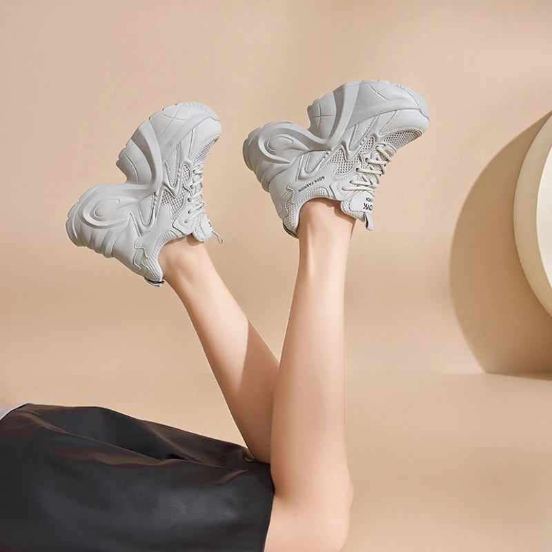 Fujin 9cm Air Mesh Genuine Leather Chunky Sneakers Casual Breathable Summer Ladies Fashion Platform Shoes Wedge Women Vulcanize