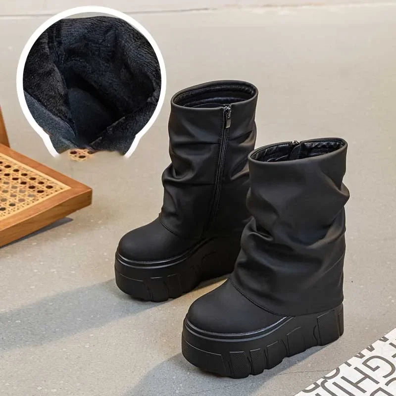 fujin 14cm Microfiber Leather Autumn Boots Flats Plush Ankle Booties Women Platform Wedge Thick Sole Motorcycle Winter Shoes