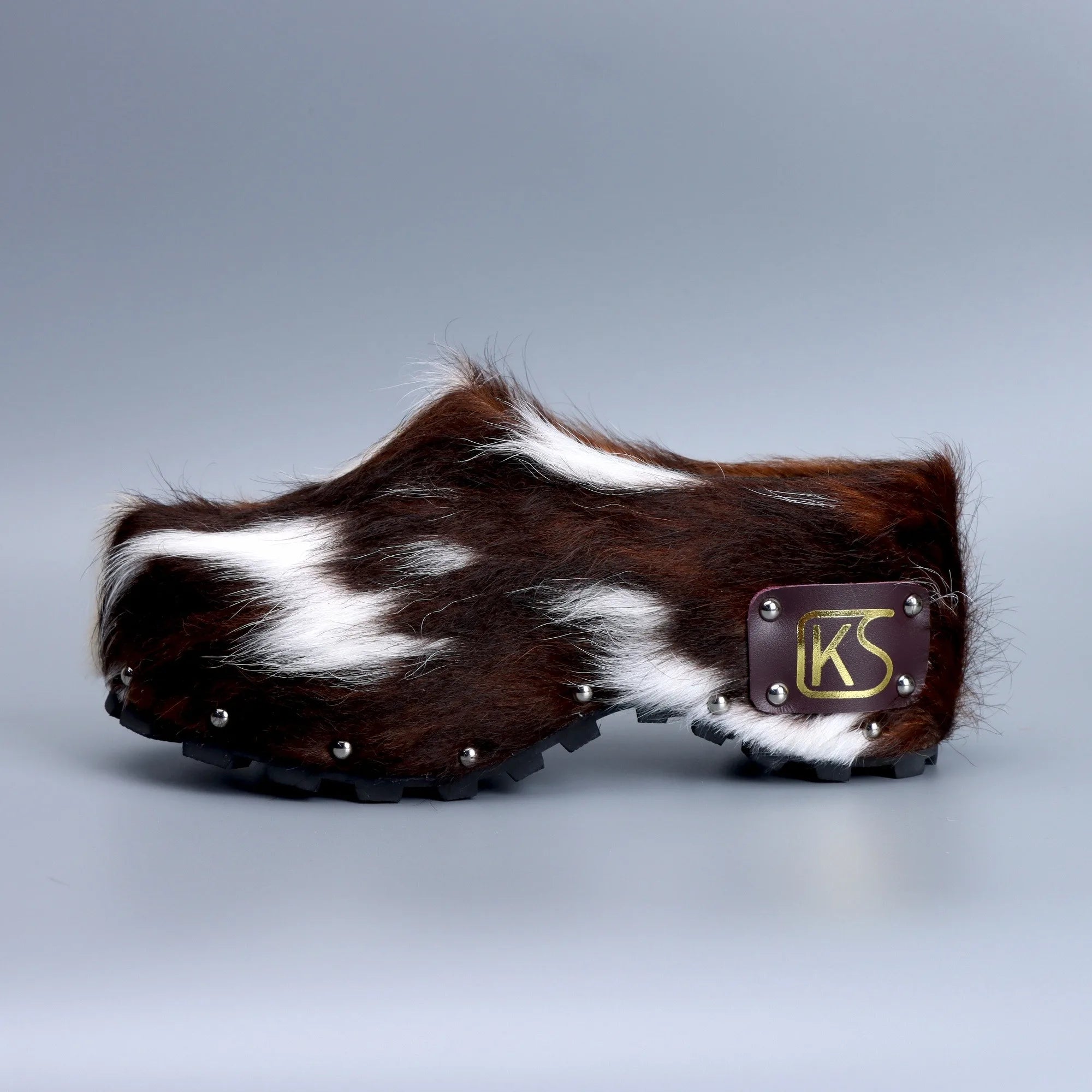 Handmade Luxury Studded Platform Fur Slippers with Natural Calf Hair,Leather Lining & Memory Foam Arch Support Clogs for All-Day