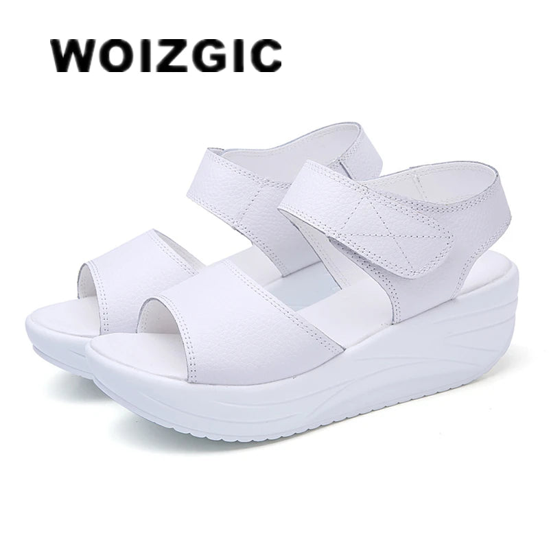 WOIZGIC Femmes Mère Dames Femmes Véritable Chaussures En Cuir Sandales Femme Plateforme Crochet Boucle Décontracté Été Cool Plage AM-9018