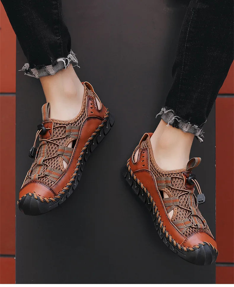 Sandales d'été respirantes pour hommes, sandales romaines tendance, faites à la main, en maille, chaussures décontractées pour hommes, plateforme, sandales de plage pour hommes