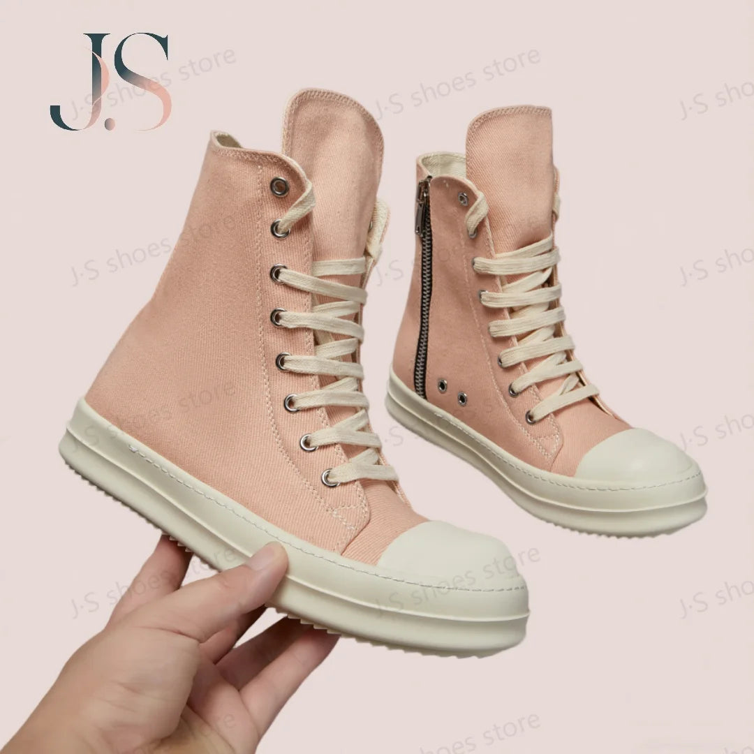 Ro Men Casual Shoe Women Pink Canvas Shoes High Top Sneaker Ankle Boot Zipper Thick Sole Flat Boots Luxury Sneakers