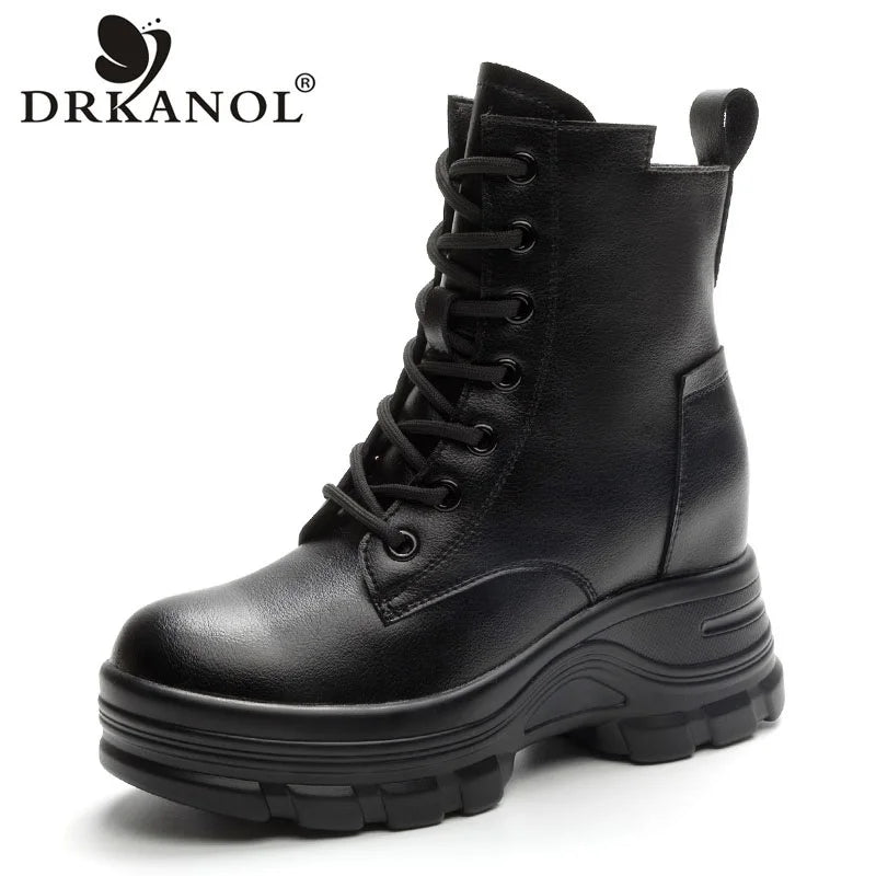 DRKANOL Fashion Women Height Increasing Boots Autumn Winter Warm Plush Platform Ankle Boots For Women Real Cowhide Wedges Shoes