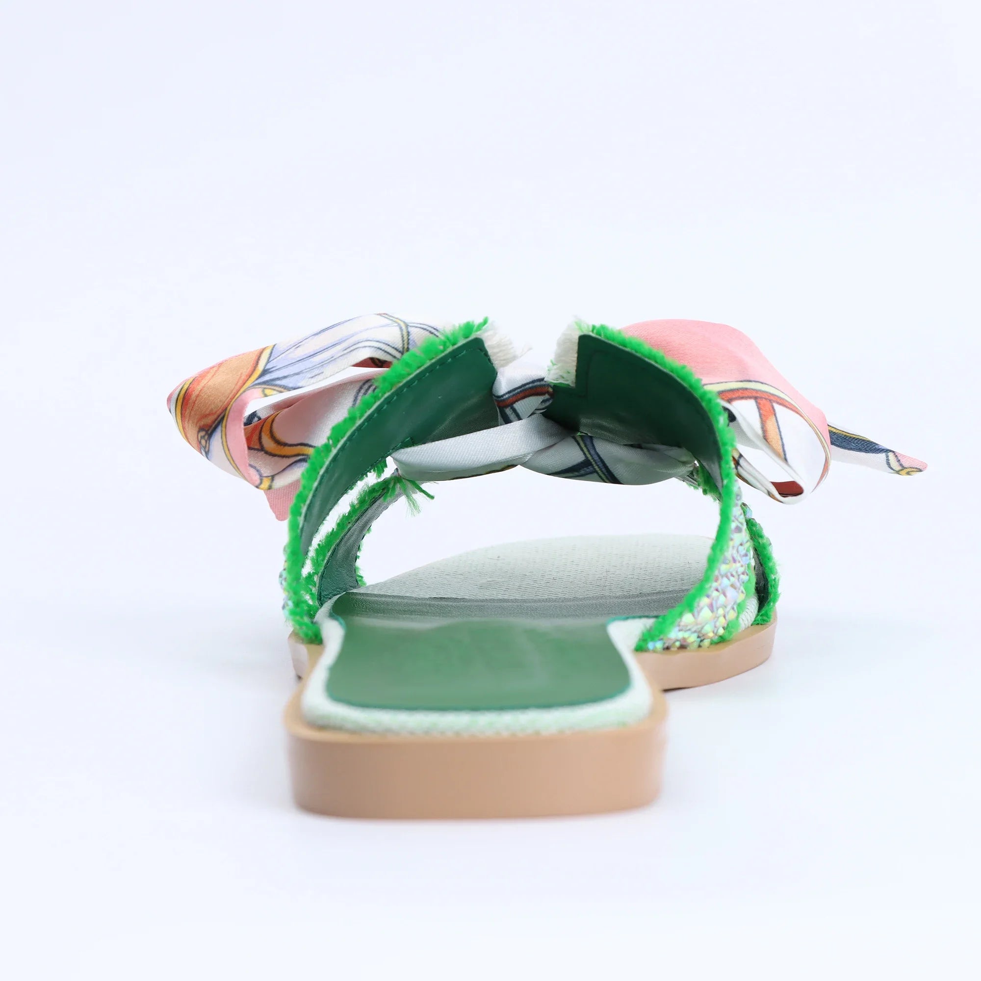 Women's Green Flat Luxury Rhinestone Sandals, Slip on Designer Slides Summer Fall Shoes Cute Open Toe Slippers