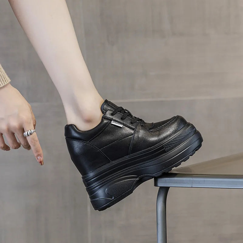 Fujin 12CM Wedge Pumps Autumn Genuine Leather Spring Spring Shoes Hidden Heels Moccasins Women Platform High Brand Female Shoes