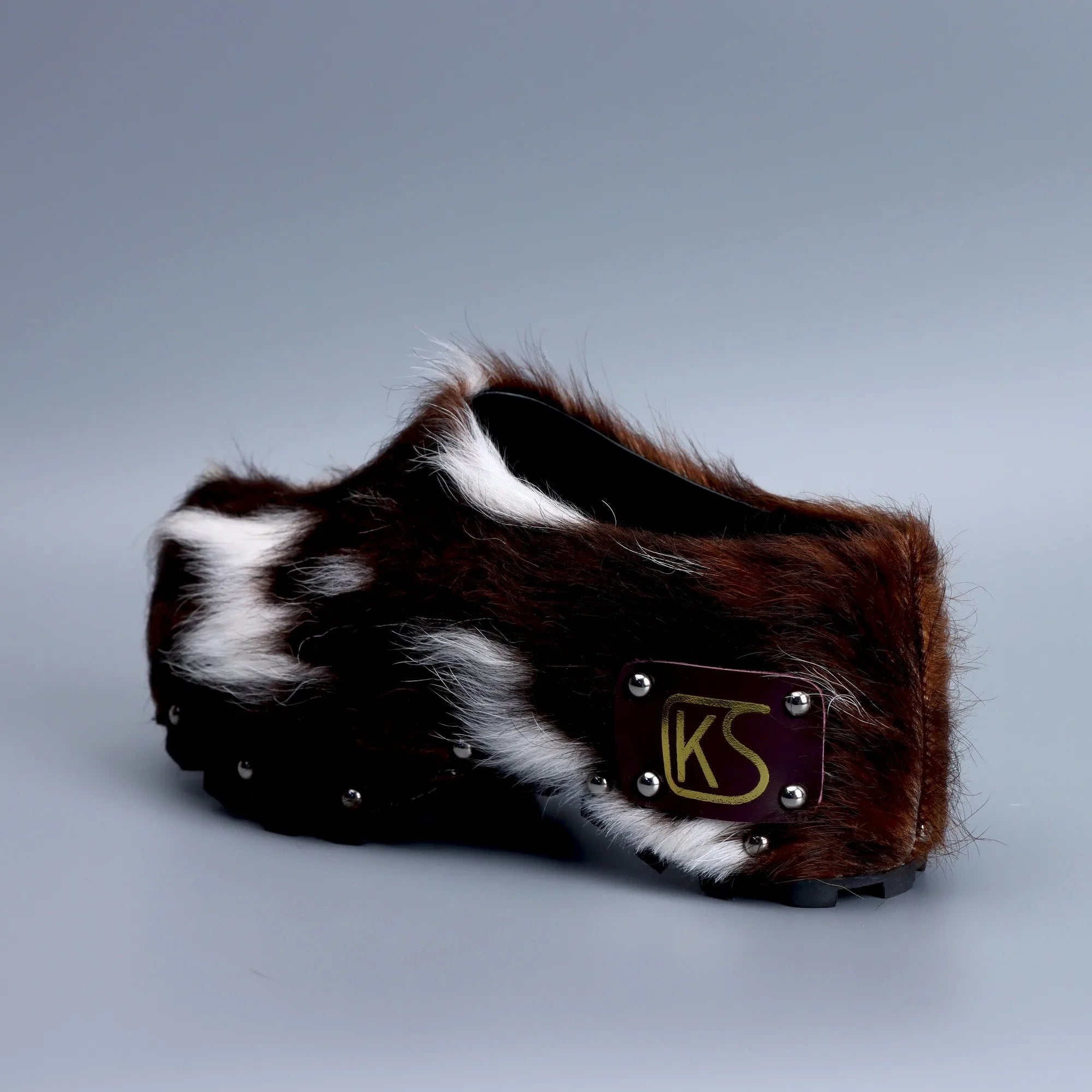 Handmade Luxury Studded Platform Fur Slippers with Natural Calf Hair,Leather Lining & Memory Foam Arch Support Clogs for All-Day