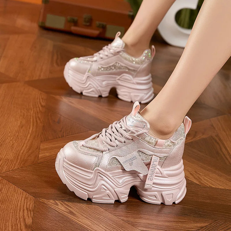 Fujin 9cm Air Mesh Microfiber Leather Bling High Brand Comfy Platform Wedge Fashion Summer Chunky Sneaker Lace Up Shoes Women