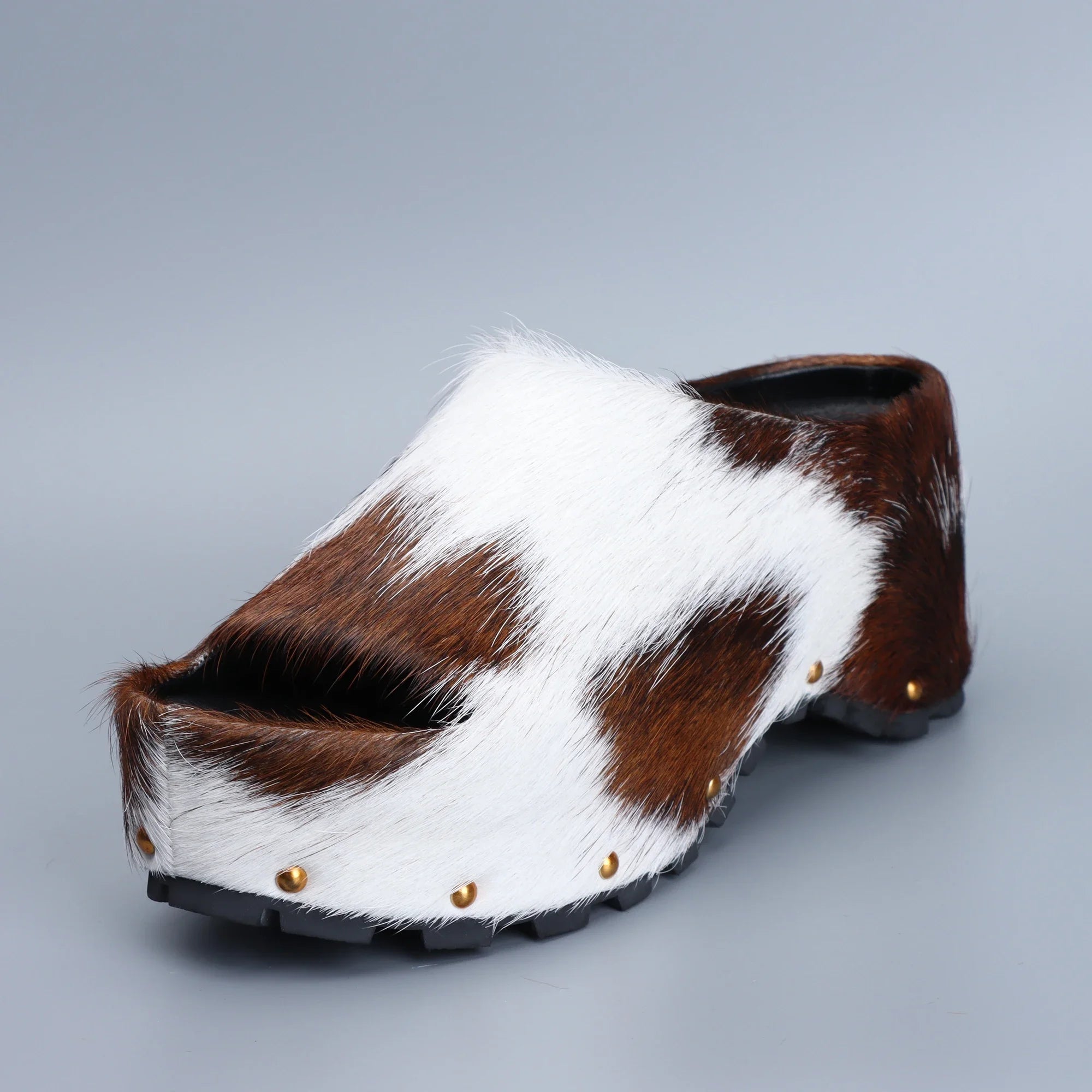 2025 Women Designer Luxury Platform Mules Real Calf Hair Leather Lined Slip On Clogs Slides Sandals Summer Fashion Comfort Shoes