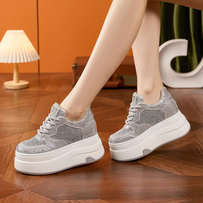 AUTUSPIN 10cm Full Crystal Women Shoes High Internal Increased Height Woman Shoes Fashion Shiny Rhinestones Platform Sneakers
