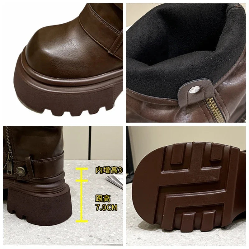 Koznoy 10cm PU Leather Spring Round Toe Shoes Motorcycle Boots Women Ankle Booties Ladies Fashion Chimney Autumn Moccasins