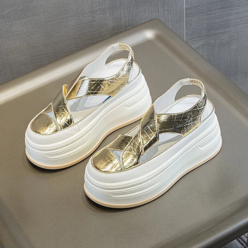 Fujin 8cm PU Patent Synthetic Microfiber Leather Chunky Sneakers Slippers Platform Wedge Sandals Slipper Flats Women Shoes