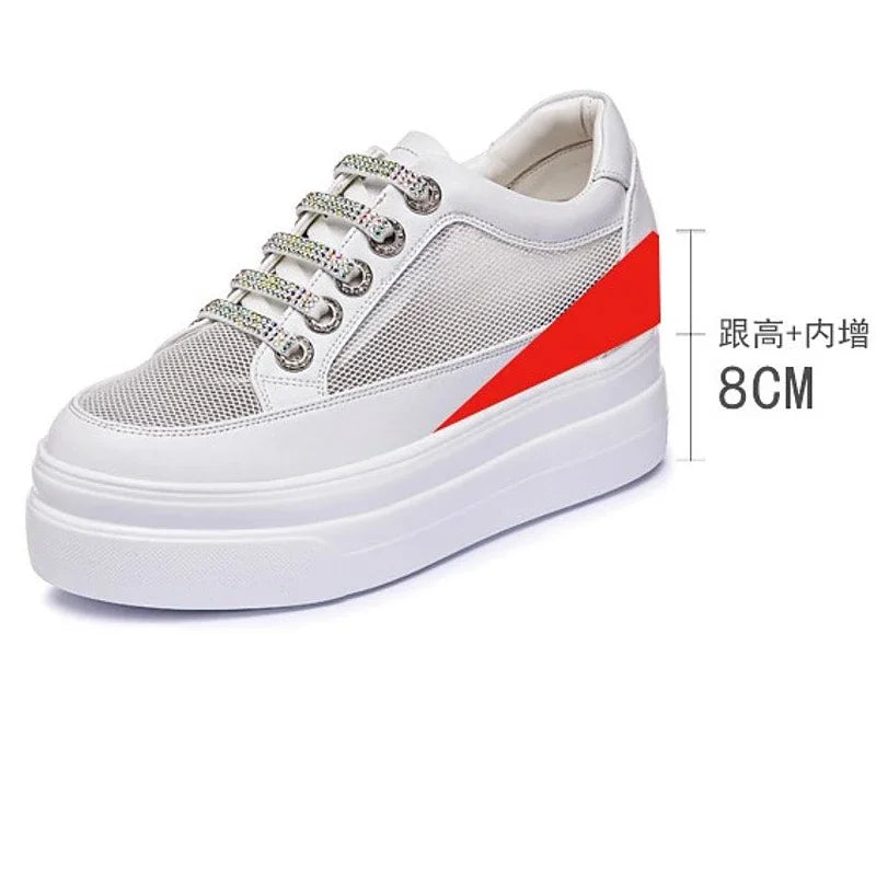 Fujin 8cm Air Mesh Genuine Leather Women Platform Shoes Chunky Sneakers Breathable Women Casual Fashion Sneakers White Summer