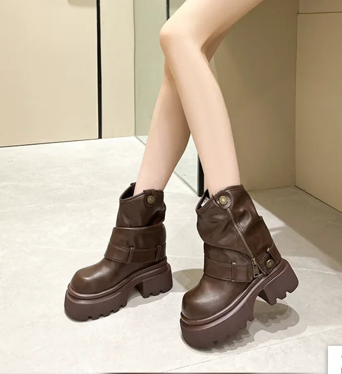 Koznoy 10cm PU Leather Spring Round Toe Shoes Motorcycle Boots Women Ankle Booties Ladies Fashion Chimney Autumn Moccasins