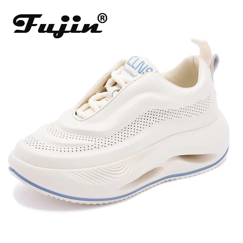 Fujin 5.5cm Synthetic Genuine Leather Spring Combat Autumn Women Vulcanize Ankle Platform Wedge Flats Chunky Sneakers Shoes