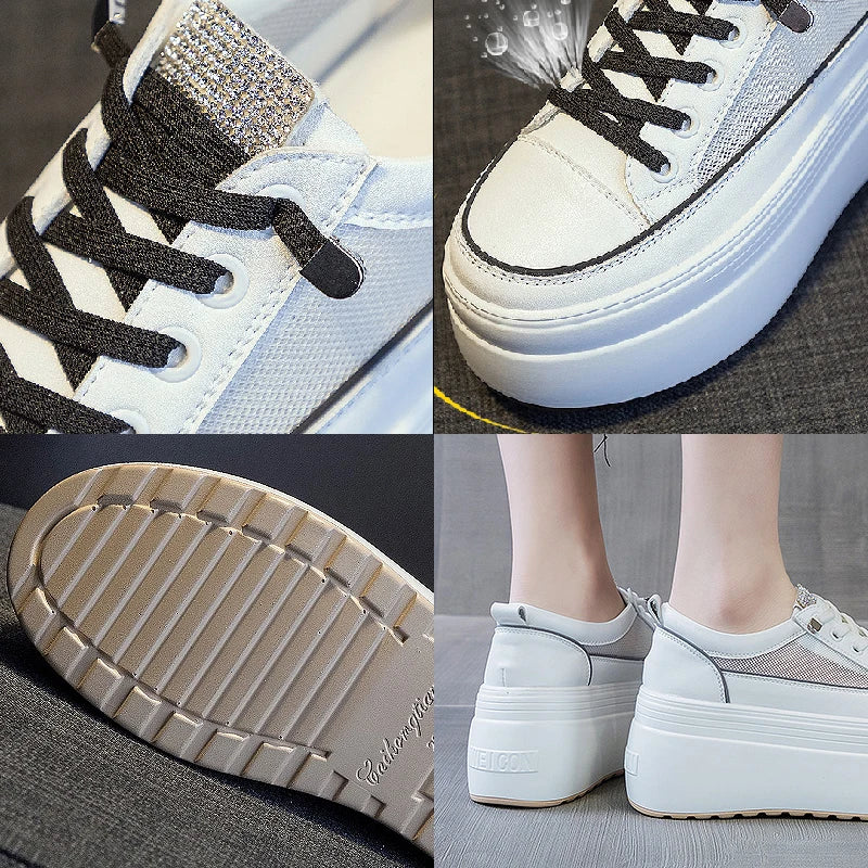 Fujin 8cm White Genuine Leather Platform Heel Women Flats Shoes Comfortable Casual Creepers Chunky Sneaker Summer Shoes Women