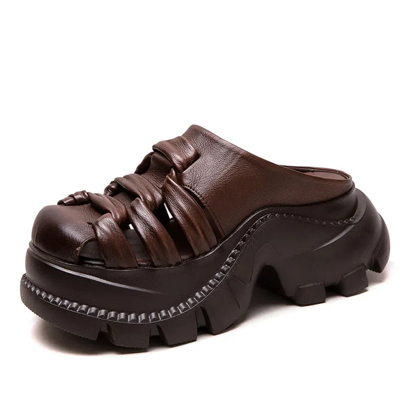 DRKANOL Women Slippers Summer 7cm Height Increasing Wedges Platform Slippers Woven Genuine Cow Leather Outside Casual Slides