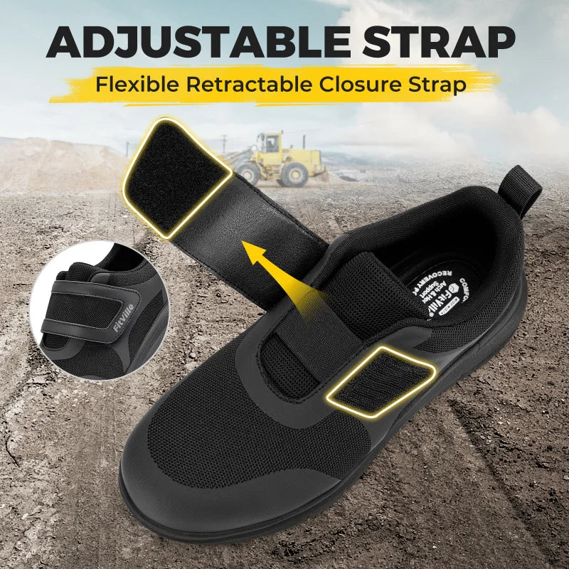FitVille Safety Men'S Steel Toe Shoes  Wide Width 2E Lightweight Puncture Resistant Non-Slip With Arch Support Black Adjustable