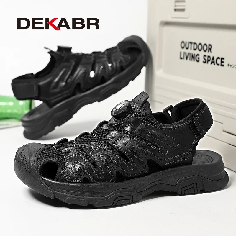 DEKABR Summer Men Sandals Genuine Leather Quick Lacing Roman Beach Shoes Plus Big Size 38-47
