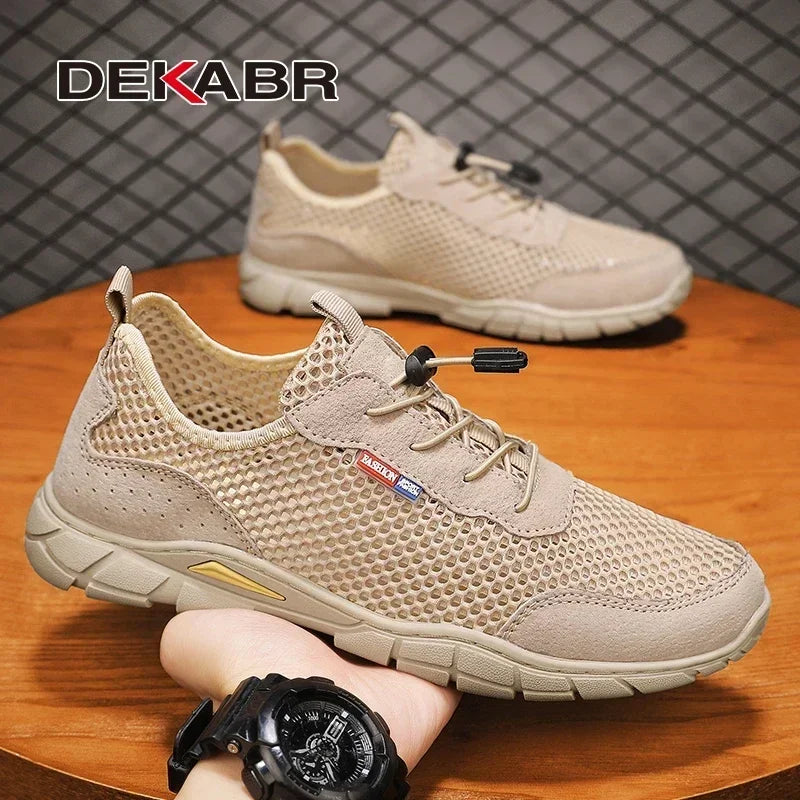 DEKABR Men's Shoes Genuine Leather Mesh Breathable Summer Fashion Lacing Comfortable Outdoor Lightweight Shoes For Men