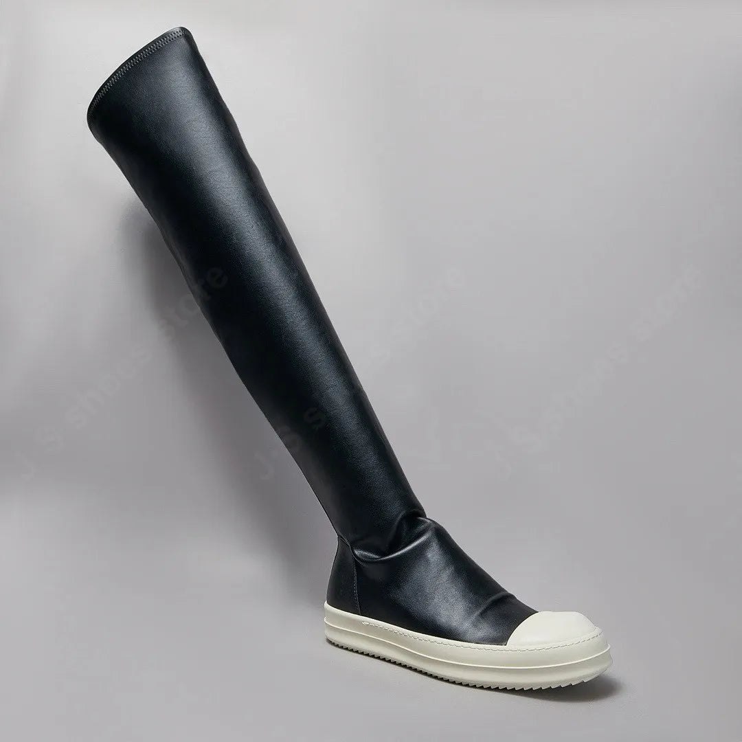 Ro Retro Style Design Elastic Sheep Print Microfiber Black Leather Over The Knee Boots Men Shoe Women Sneaker Classic Black Boot