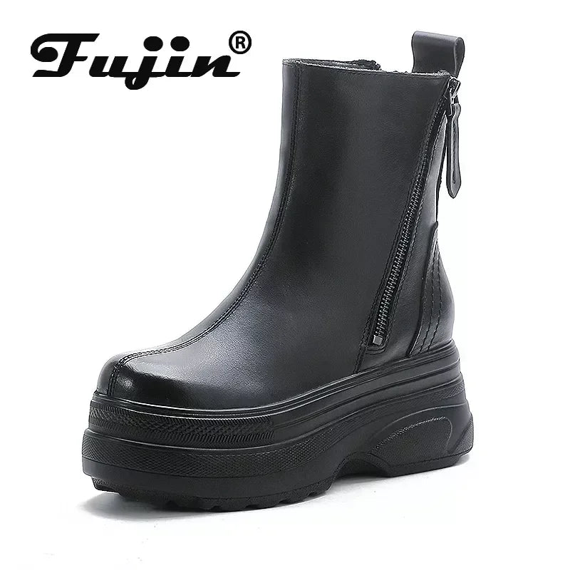 Fujin 7cm  Women Comfy Spring Booties ROME Fashion Shoes Cow Natural Genuine Leather Autumn Platform Wedge Ankle Boots Autumn