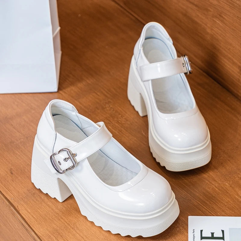 AUTUSPIN 10cm Chunky Heels Mary Janes Shoes Women Summer Autumn Buckle Pumps Female Students Party Wedding Platform High Heels