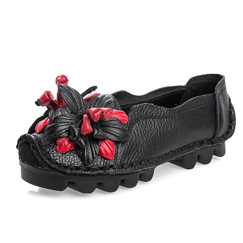 WOIZGIC Women Female Mother Ladies Genuine Leather Shoes Flats Loafers Non Slip On Flowers Retro Moccasins Plus Size 41 42