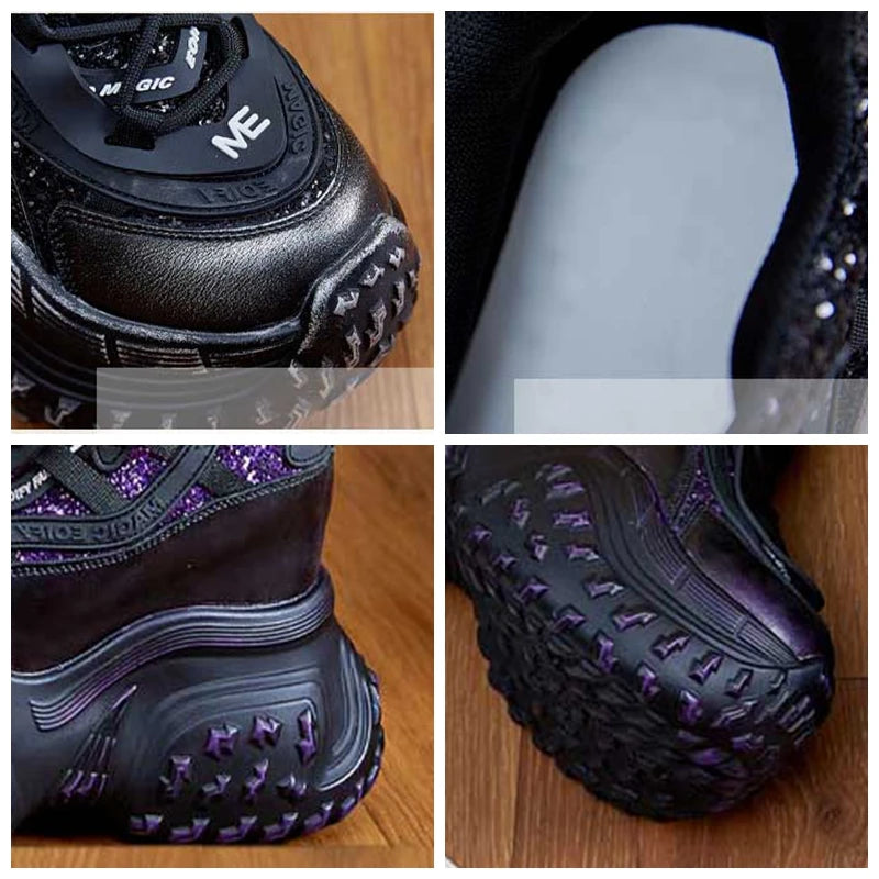 Fujin 12cm Microfiber Synthetic Chunky Sneakers Spring Shoes Genuine Leather Ankle Booties Bling Women Vulcanize Boots Autumn