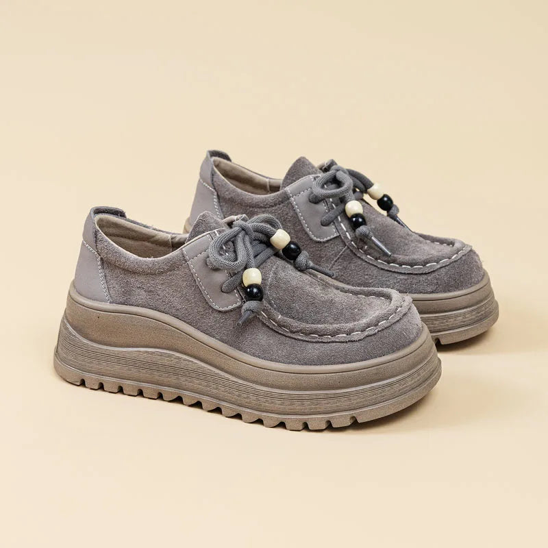 DRKANOL Handmade Retro Cow Suede Leather Chunky Platform Shoes For Women Big Toe Wedges Heel Height Increasing String Bead Shoes