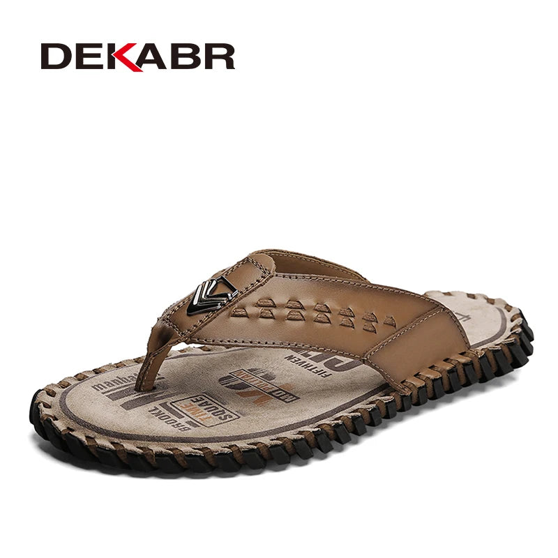 DEKABR Men's Flip Flops Fashion Genuine Leather Sweat-Absorbent Breathable Wear-Resistant Non-Slip Shoes Large Size 38-48