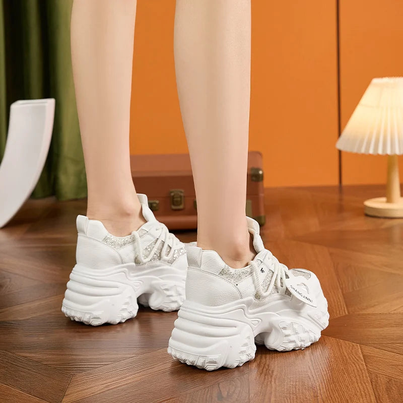 AUTUSPIN 10cm High Chunky Sneakers Women Newest Autumn 2025 Fashion Bling Bling Shoes Outdoor Lace-up Brand Platform Sneaker