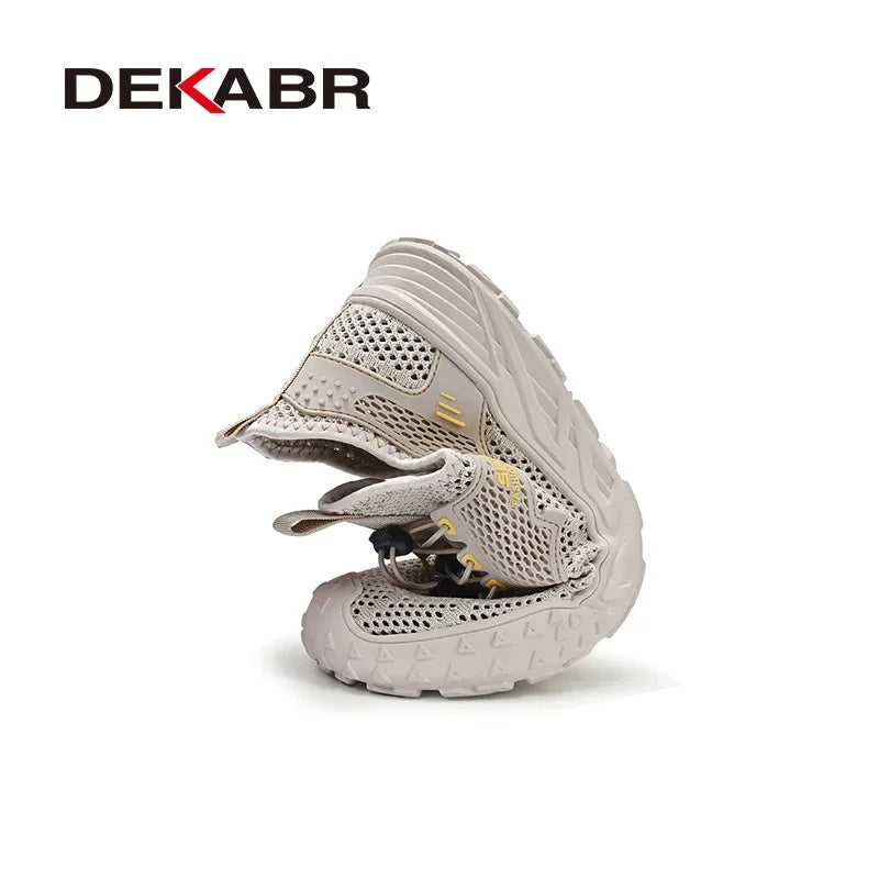 DEKABR Summer Men's Breathable Mesh Lightweight Comfortable Drawstring Casual Shoes Outdoor Non-Slip Thick Sole Sneakers Black