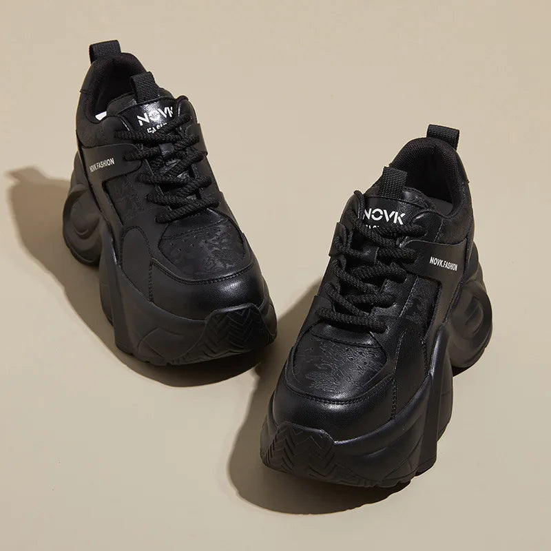 Fujin 9cm Genuine Leather Women Casual Shoes Chunky Sneakers Skateboard Vulcanize Lady Comfy White Platform Wedge Hidden Heel