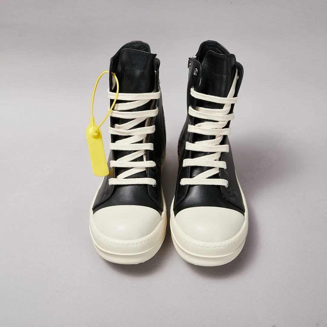 Brand Ro Shoe Men High Top Shoes Black Leather Sneakers Cowhide Women Boots Luxury Casual Sneaker Laces Zipper Flat Ankle Boot