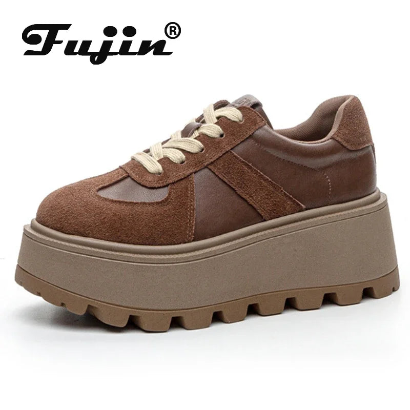 Fujin 8.5cm Women Luxury Microfiber Genuine Leather Platform Wedge Pumps Comfy Ankle Booties Spring Autumn Ankle Boots Shoes