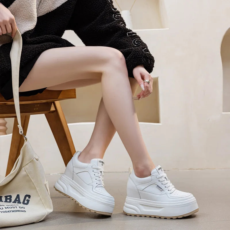 Fujin 10cm Genuine Leather Shoes Platform Wedge Sneakers Women Boots Ankle Booties Hidden Heels Spring Vulcanize Autumn Fashion