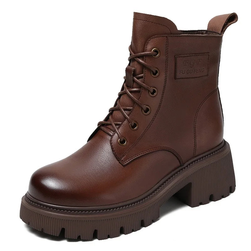 DRKANOL 2025 Fashion Women Genuine Cow Leather Thick Heel Ankle Boots Autumn Winter Chunky Platform Handmade Retro Warm Boots