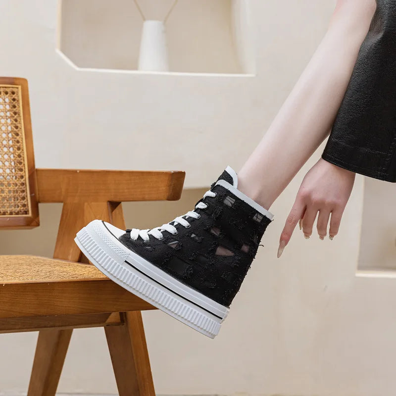 Koznoy 13CM Denim Air Mesh  Women Chunky Sneakers Hollow Ankle Booties High Brand Platform Wedge Flats Fashion Causal Shoes