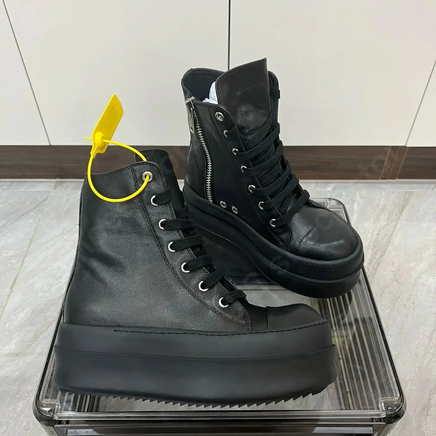 Ro Classic Men Shoe Ankle Boot Women Sneaker High Top Casual Shoes Zip Lace Up 6cm Thick Sole Boots Full Black Leather Sneakers