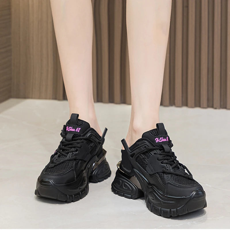 Fujin 10.5cm Air Mesh Genuine Leather Women Chunky Fashion Sneakers Platform Wedge Breathable Slippers Comfy Hollow Summer Shoes