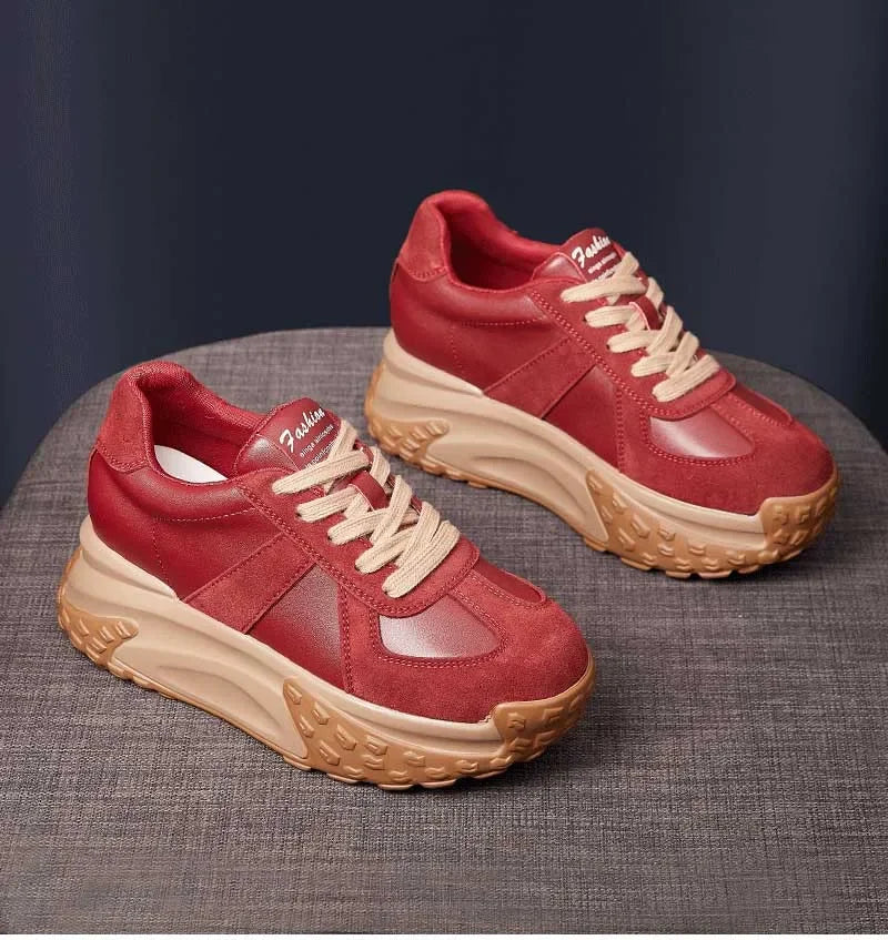 Koznoy 7cm Genuine Leather Women Chunky Sneakers Loafer Mixed Color Loafer Platform Wedge Flats Spring Autumn Vulcanize Shoes