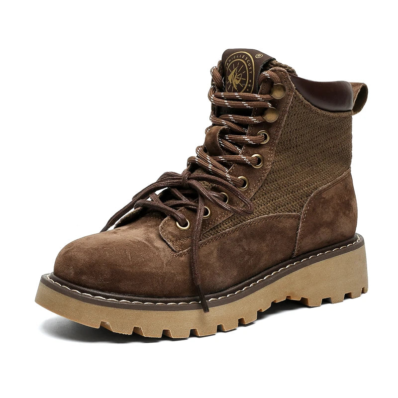 STRONGSHEN Retro Casual High Top Men Boots Genuine Leather Chunky Boot Motorcycle Ankle Boots Lace-Up Work Footwear Botas Hombre